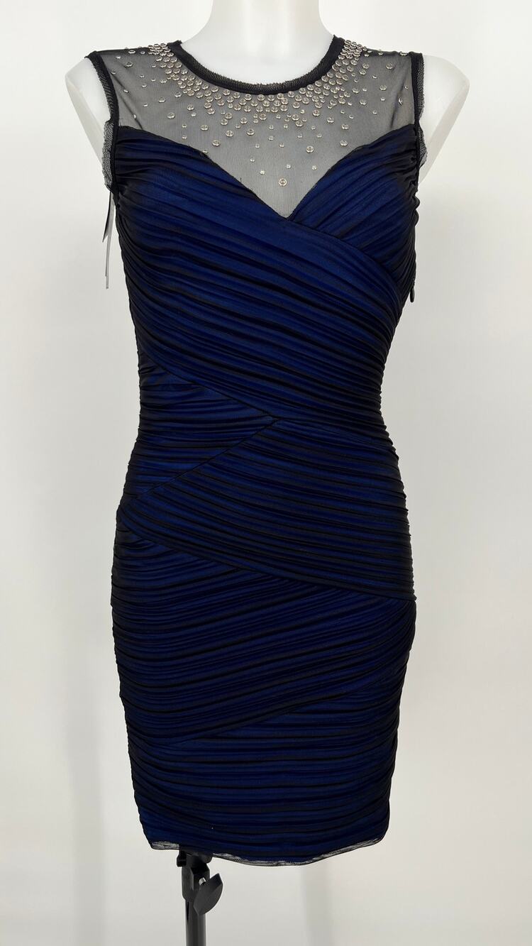 BCBG Maxazria Camira Dress Sz XS Black Blue NEW Bandage BodyCon Mini Embellished